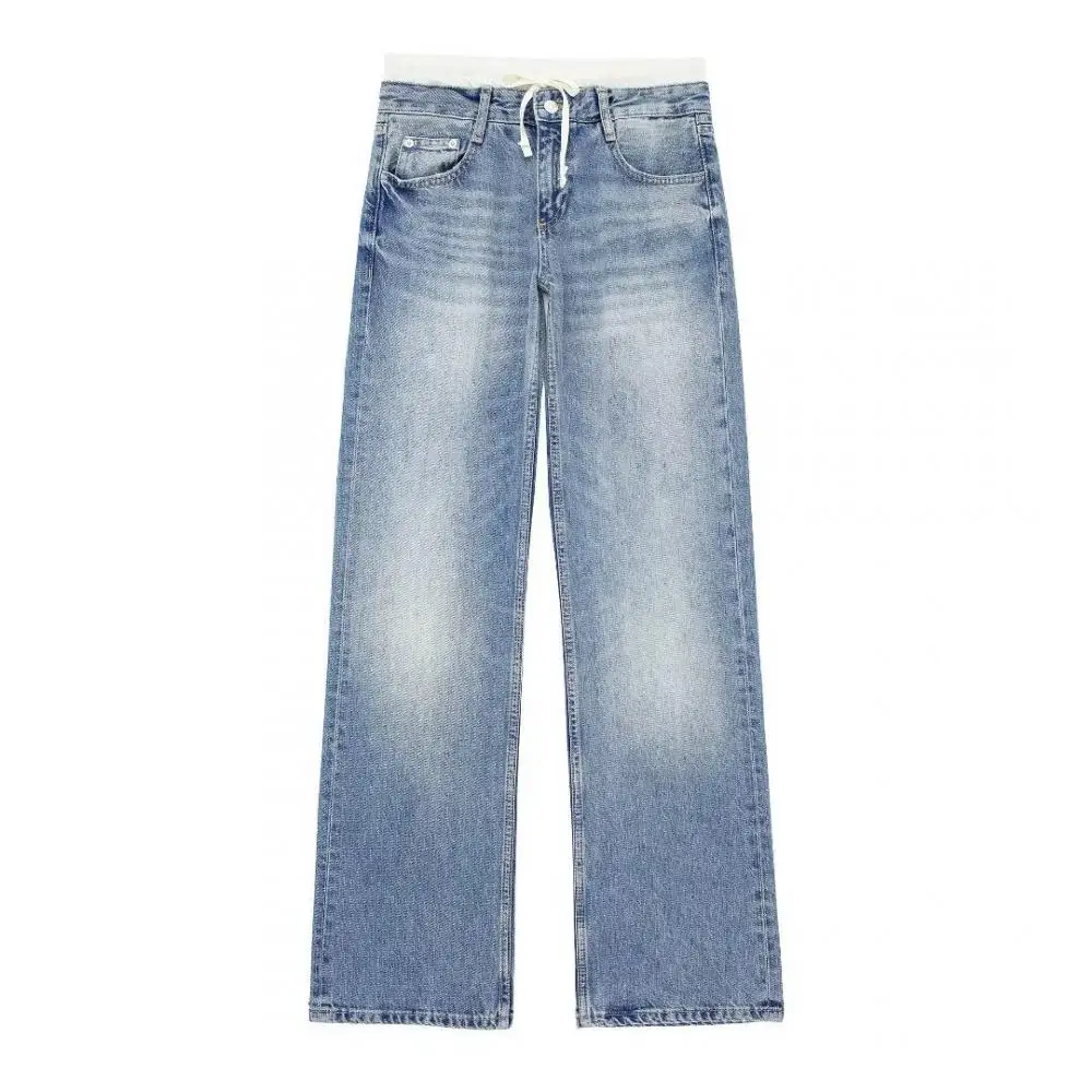 Calças jeans de cor sólida feminina, calças compridas, jeans de perna larga emendada, moda streetwear confortável, senhora, outono