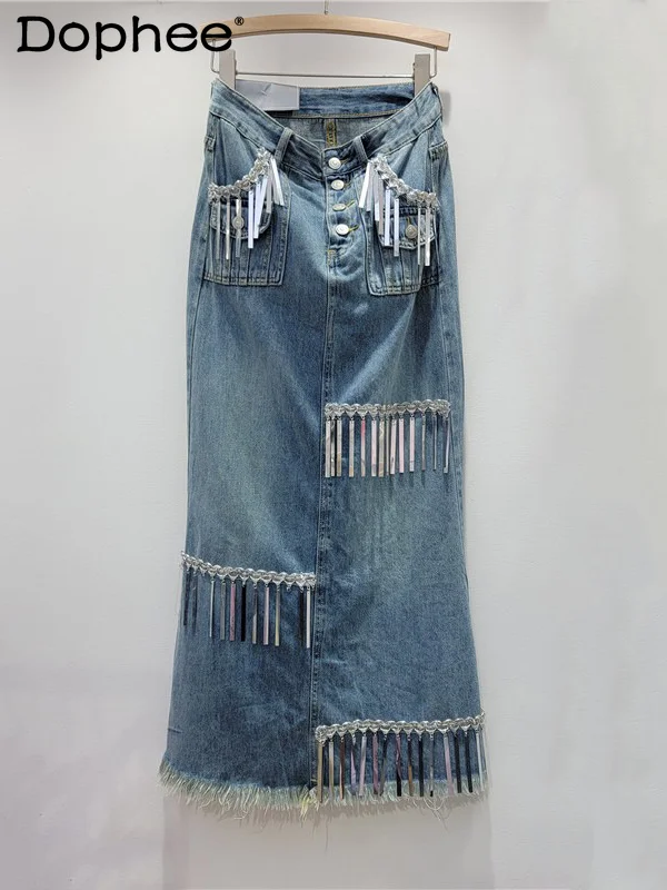 

Fashion Sequins Irregular Fringed A-shaped Vintage Skirt 2024 Spring and Autumn High-waisted Rough-edged Denim Skirt Women