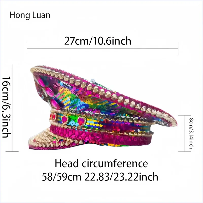HongLuan Yellow Laser Leather Loop Captain Hat Rhinestone & Military Caps for Woman, Rave Festivals Accessories ＆ Party Cap Man