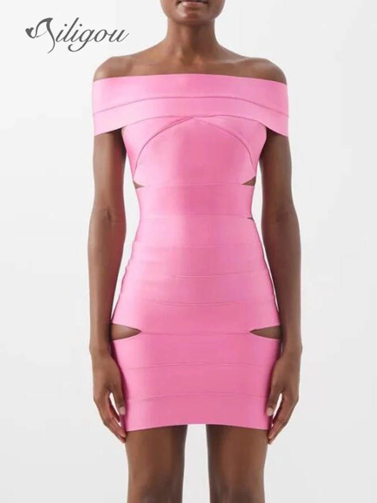 

Ailigou 2023 New Summer Women's Pink Off Shoulder Off Back Cutout Sexy Tight Mini Bandage Dress Elegant Celebrity Party Dress