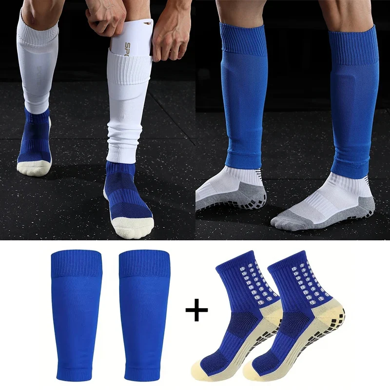 2 Pairs Anti-Slip Breathable Fitness Football Socks and Sports Leg Sleeves Set Men Women Soccer Tennis Basketball Sports Socks