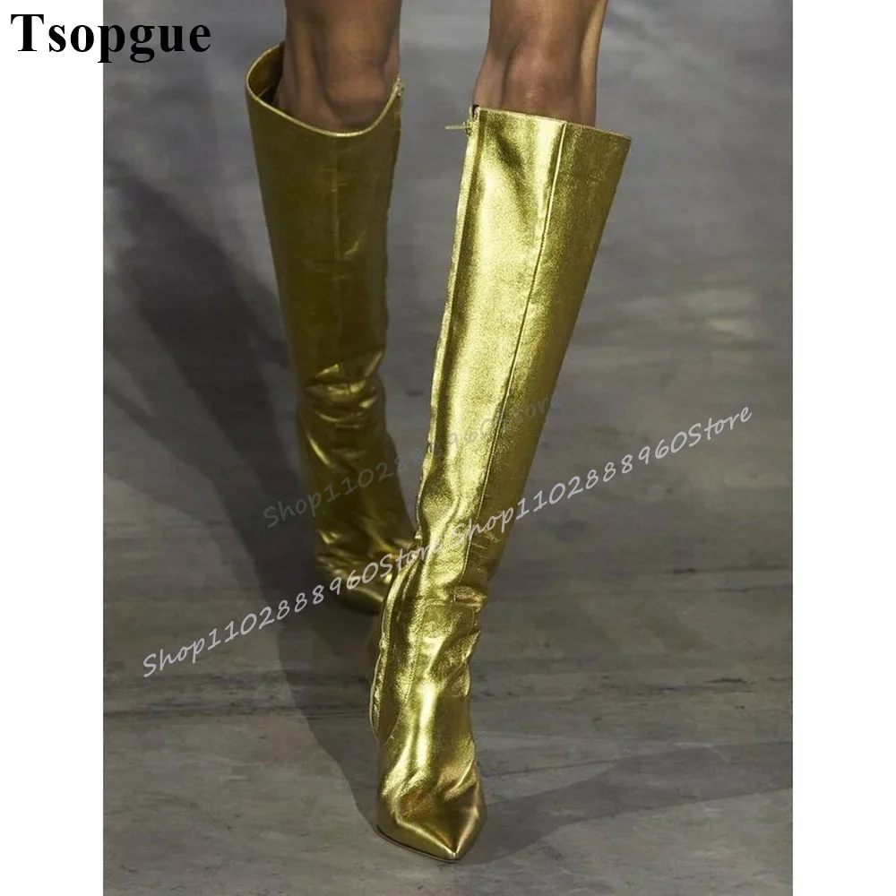 

Luxury Knee High Gold Metallic Boots Thin High Heel Shoes For Women Side Zipper Pointed Toe 2025 Fashion Zapatos Para Mujere