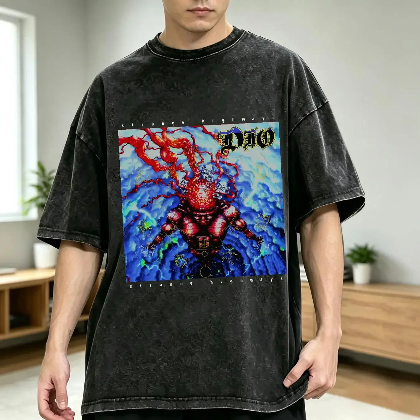 washed T Shirt Dio Strange Highways Album Cover 1994 Men's Rock Band Music Merch vintage Washed Slightly Comfortable homme