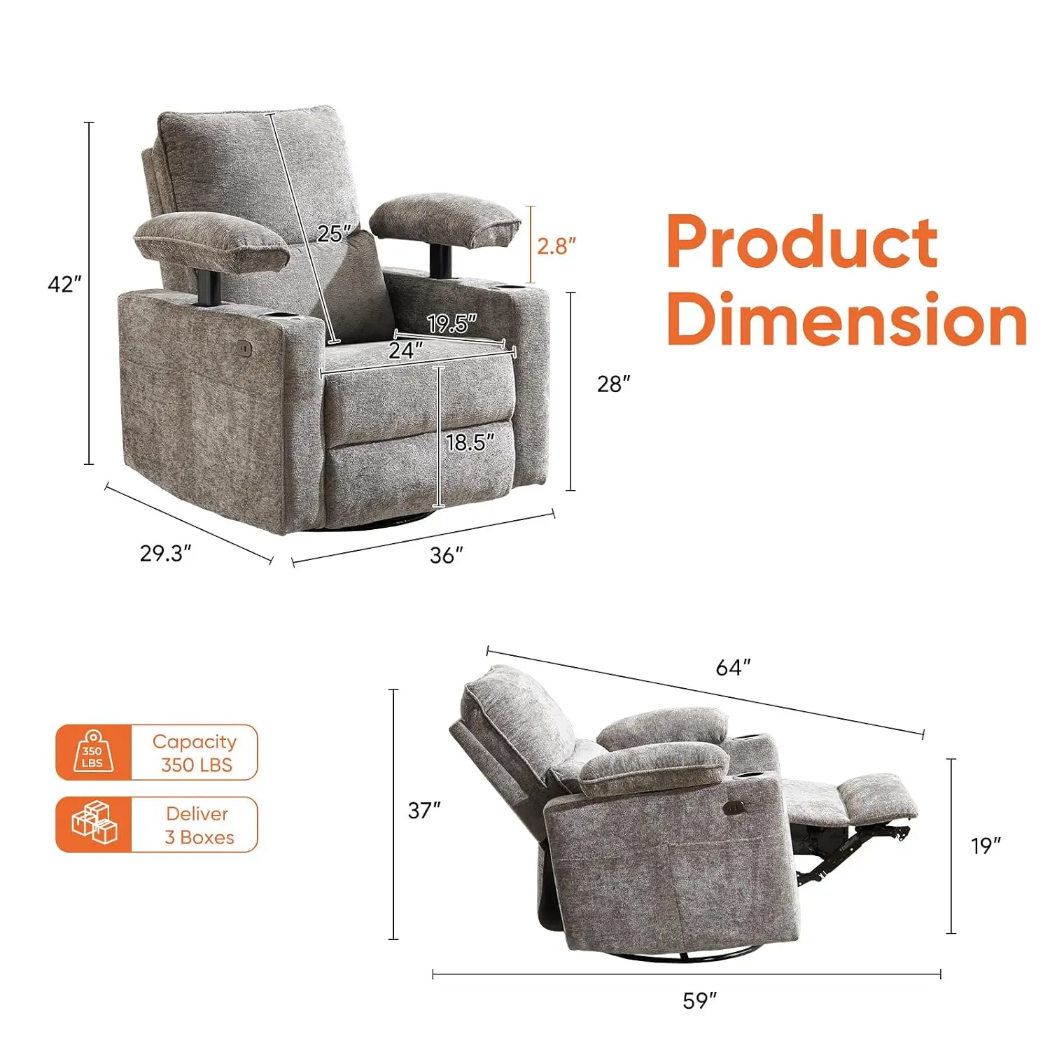 Swivel Rocker Recliner with Heating & Massage, Adjustable Armrests, One-Touch Reset, Cup Holder, Chenille, Grey, Customized