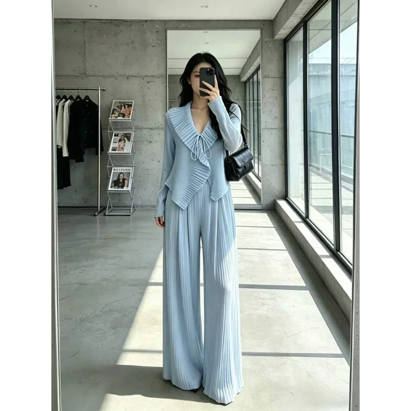 

Miyake Pleated Original Pants Set Plisse 2026 Summer New Design Fashion V-neck Top Draped Pants Loose Solid Color Fold Set Women