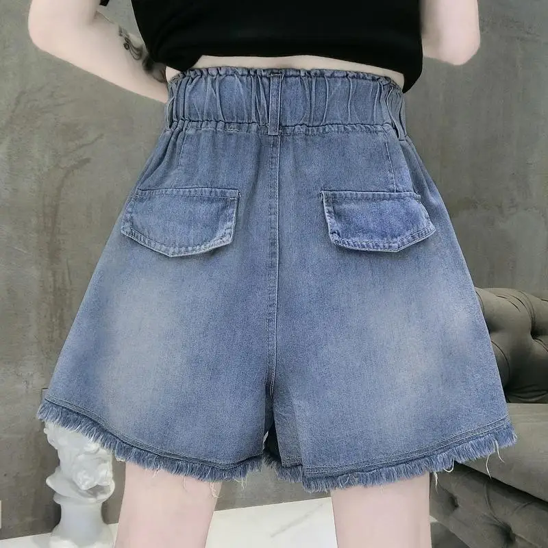 2024 Klasyczne szorty jeansowe damskie Letnie niebieskie elastyczne szorty z wysokim stanem Casual Loose Chic Love Pattern Spodnie z szerokimi nogawkami Proste dżinsy