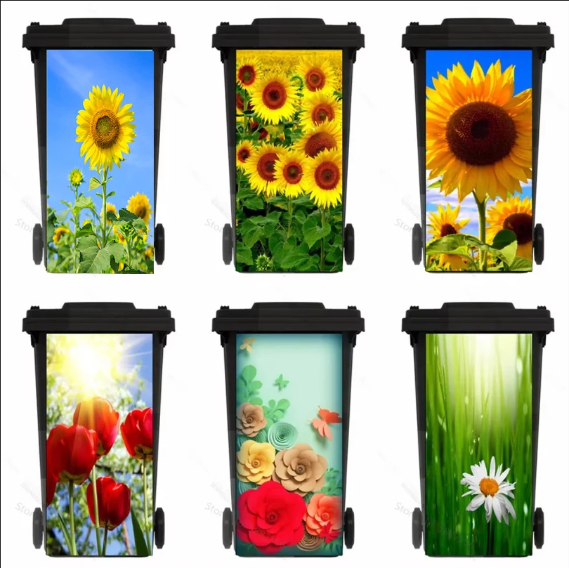 

Plant Sunflower Flowers Removable Waterproof Sticker Decals Renew Rubbish Bin Trash Can Cover Sticker Ktichen Art 120L 240Liter