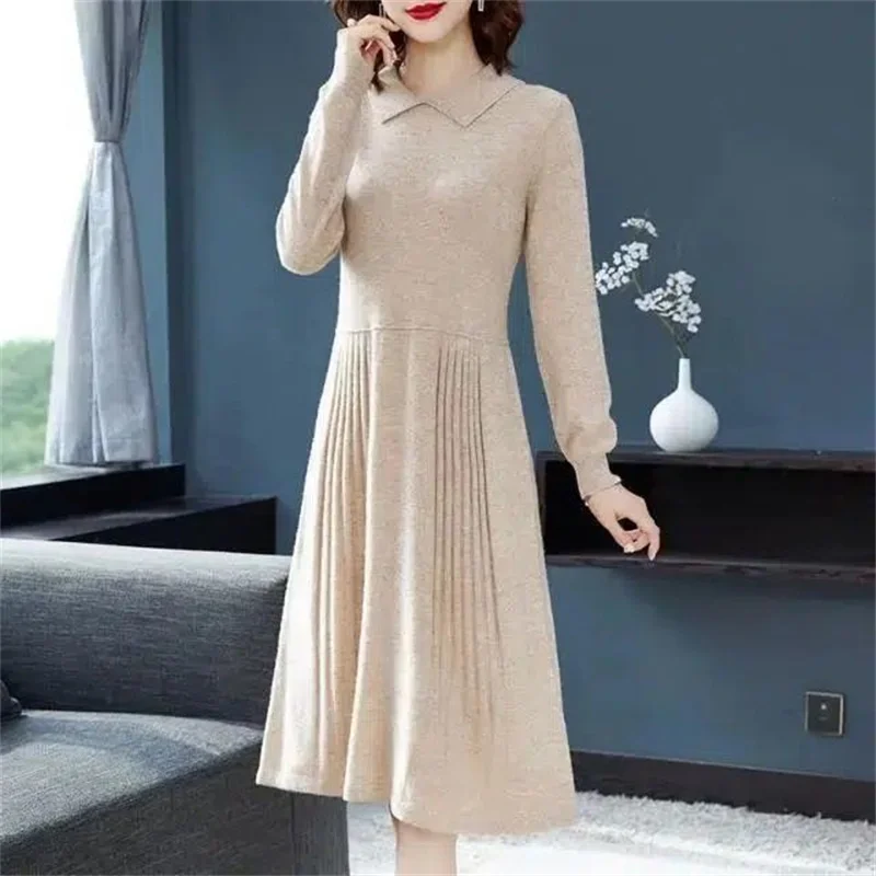 Moda versátil camisola vestido feminino meados de longo camisola de malha outono inverno novo pulôver de manga comprida vestidos de malha inferior femme
