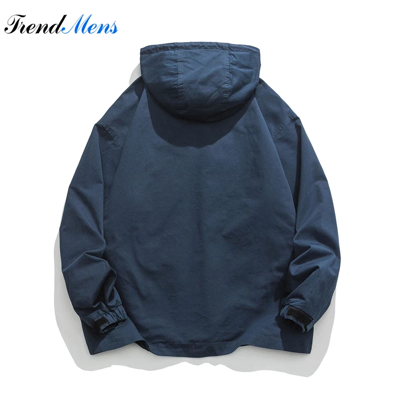 Japanese Vintage Solid Hooded Jacket Men's Multi Pocket Zipper Casual Loose Coat Couple's Street Simple Overalls Ropa Hombre