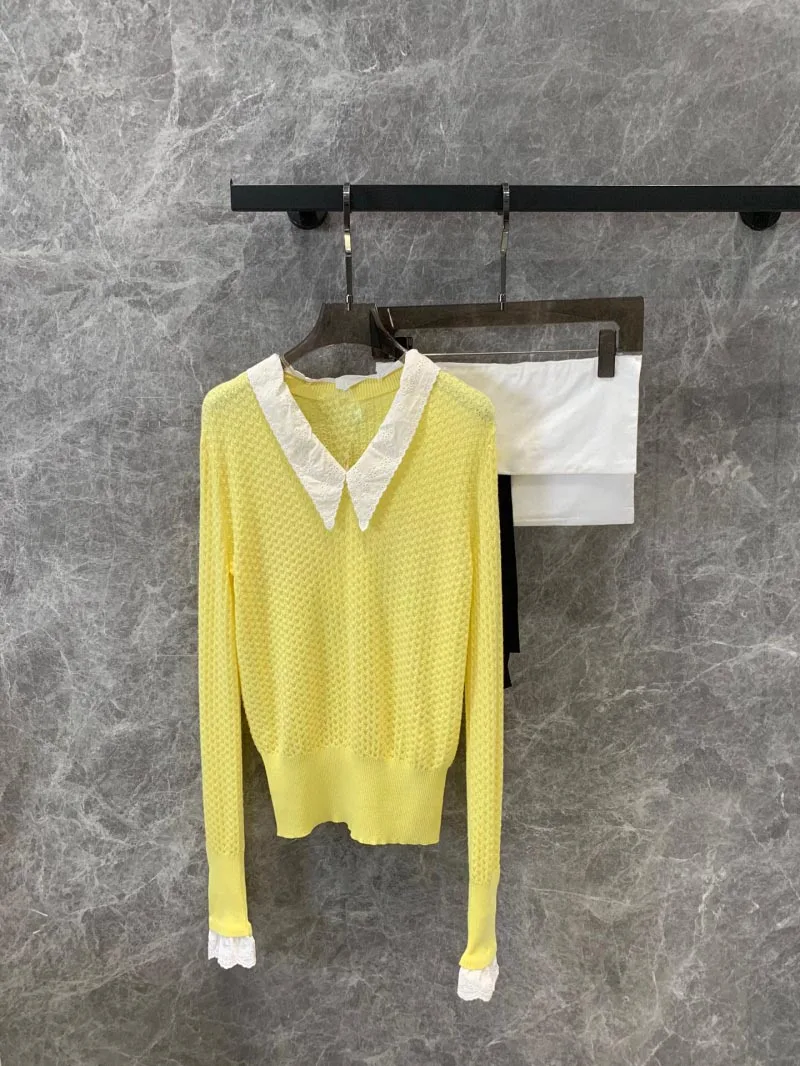 2024 Autumn Women's Sweater Pure Cashmere Detachable Lace V-neck Women's Sweater High Quality Soft Yellow Knitted Jumper Hoodie