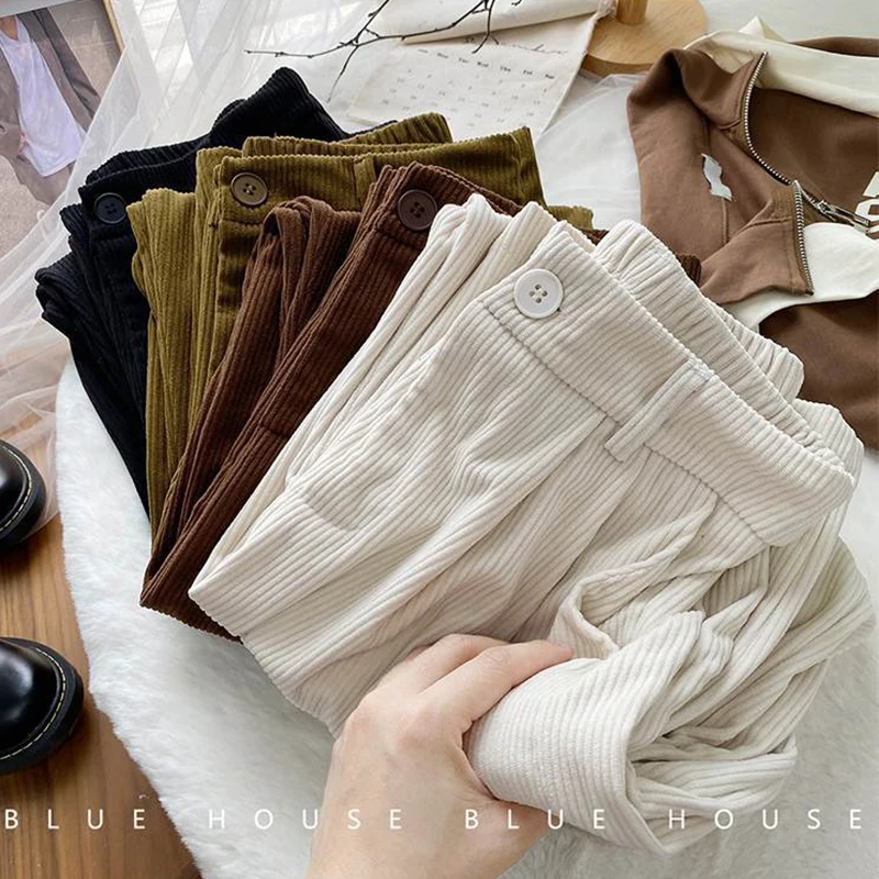 

Fashion High Waist Corduroy Pants Women Fall Straight Causal Full Length Trousers Vintage Coffee Pockets All Match Pant 2024 New