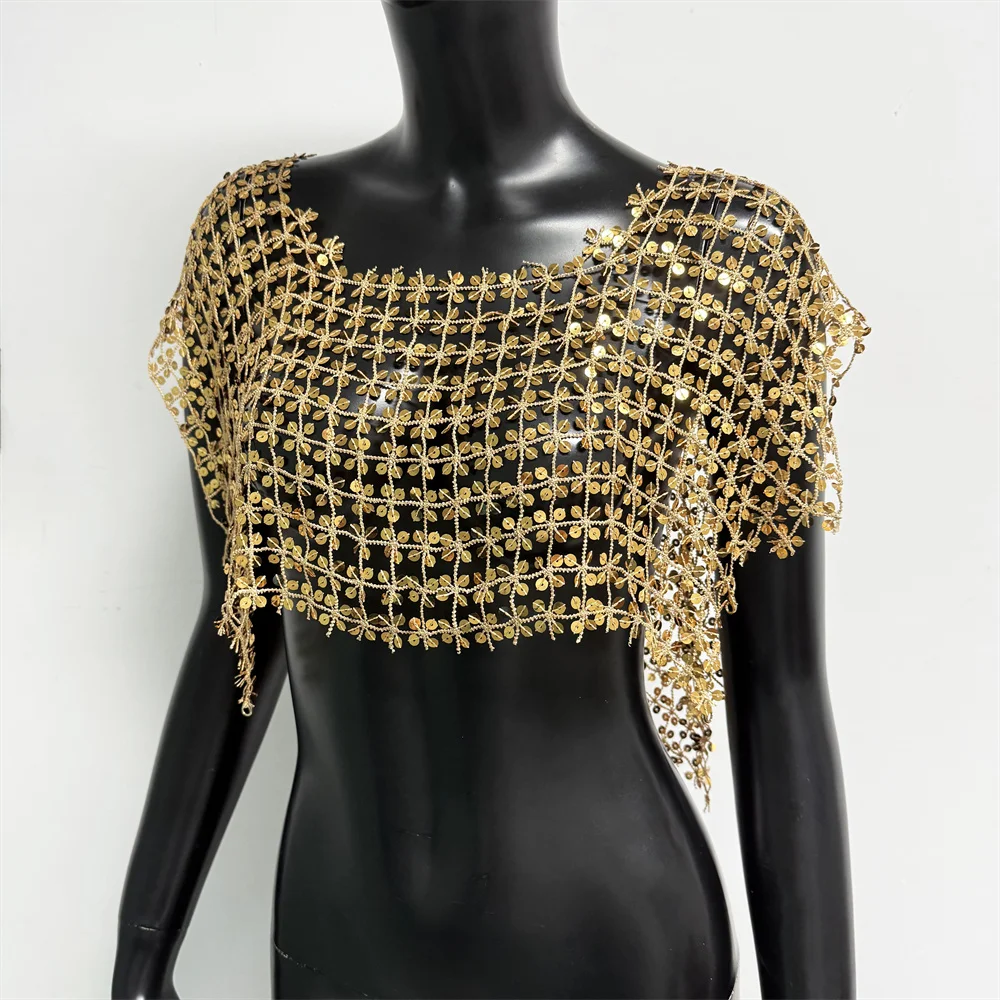Damen Acryl-Pailletten Mesh Crop Tops Sexy Ausgehöhlt Durchsichtig Handgefertigtes Patchwork T-Shirt Rave Festival Party Tanktops – Detail 8