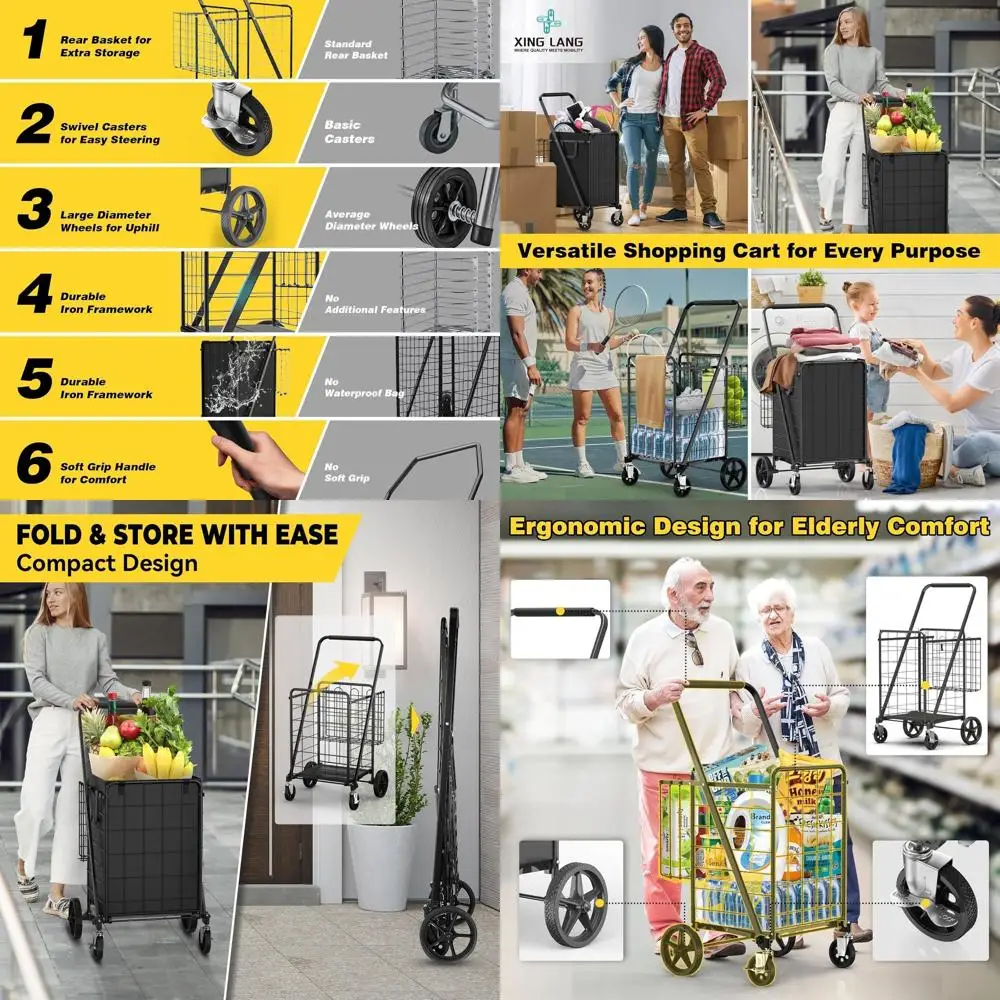 

Складная тележка для покупок повышенной прочности, 190 кг, 120 л, 360° ° Поворотные колеса, двойная корзина и съемный водонепроницаемый вкладыш