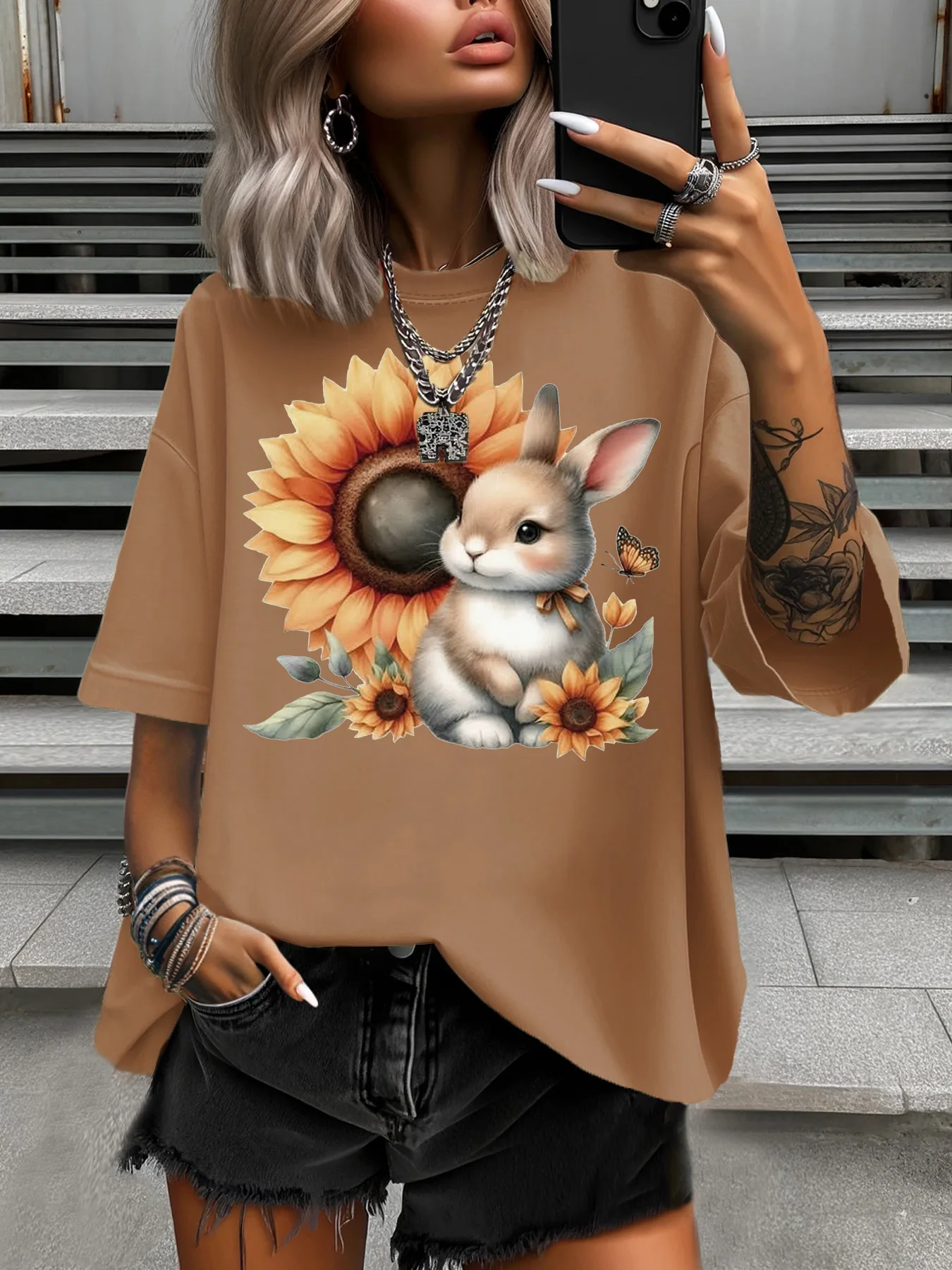 

Summer Women's Plus Size T-Shirt Original Design Sunflower Rabbit Pattern Printed Women's Casual Round Neck Short Sleeved Tops