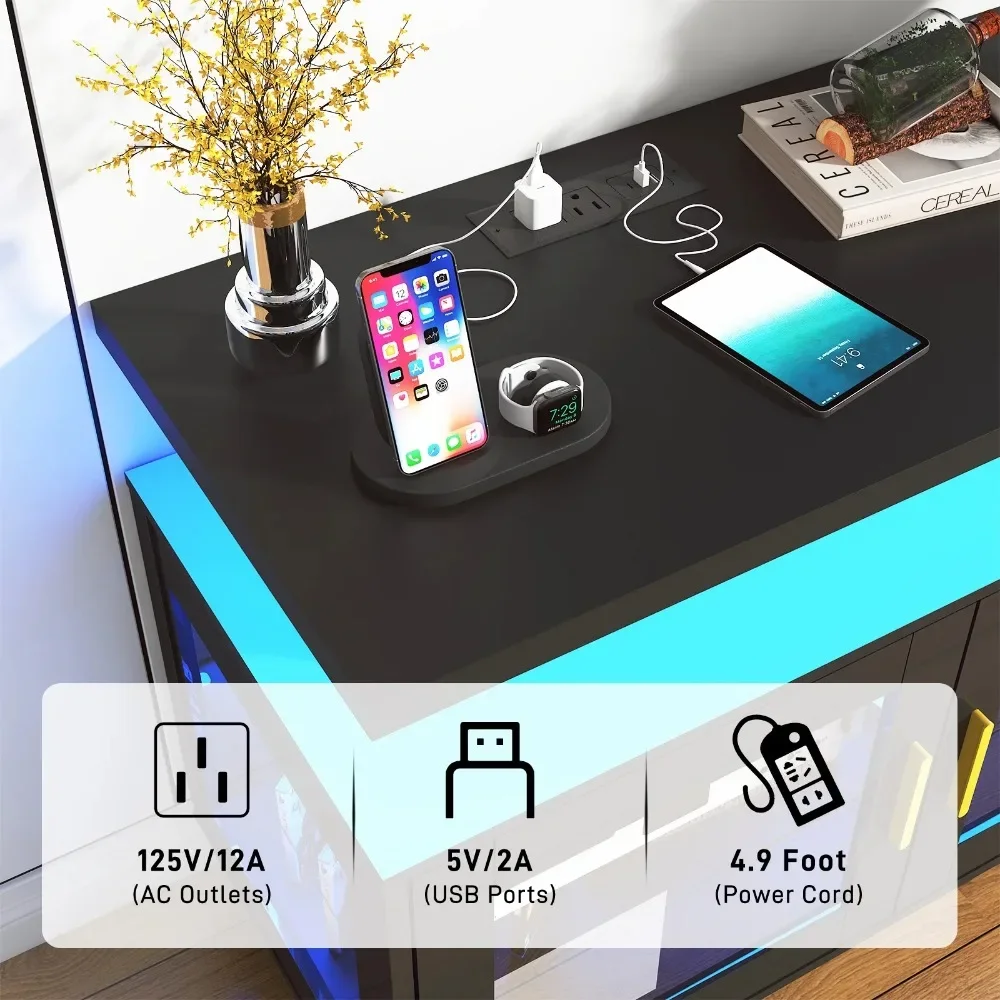 71" LED TV Stand with Power Outlet, Fits 85" TV, Modern High Gloss Gaming Entertainment Center with Glass Door and Storage