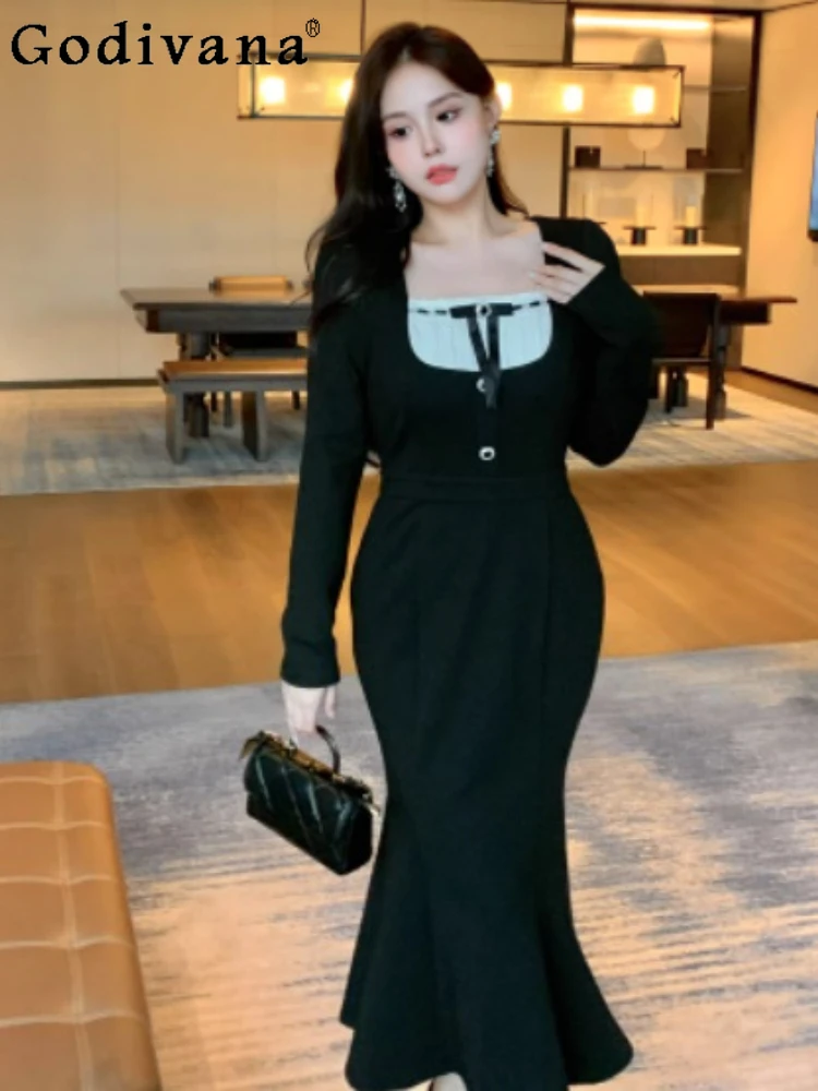 

Spring Autumn Large Size Black White Slim Long Sleeve Square Neck Fishtail Dress Fashion Girl High Waist Elegant Leisure Dresses