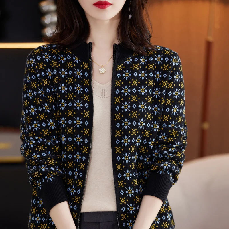 Autumn Winter Women 100% Cotton Color Block Jacquard Sweater O-neck  Cardigan Top New Outerwear Knit Zipper Warm Jacket