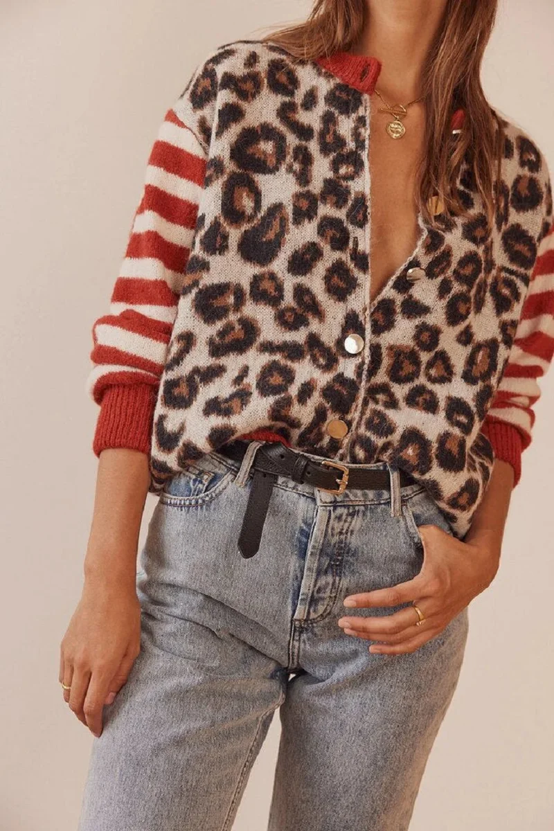 

Womens Leopard Print Cardigan Stripe Sweater Autumn