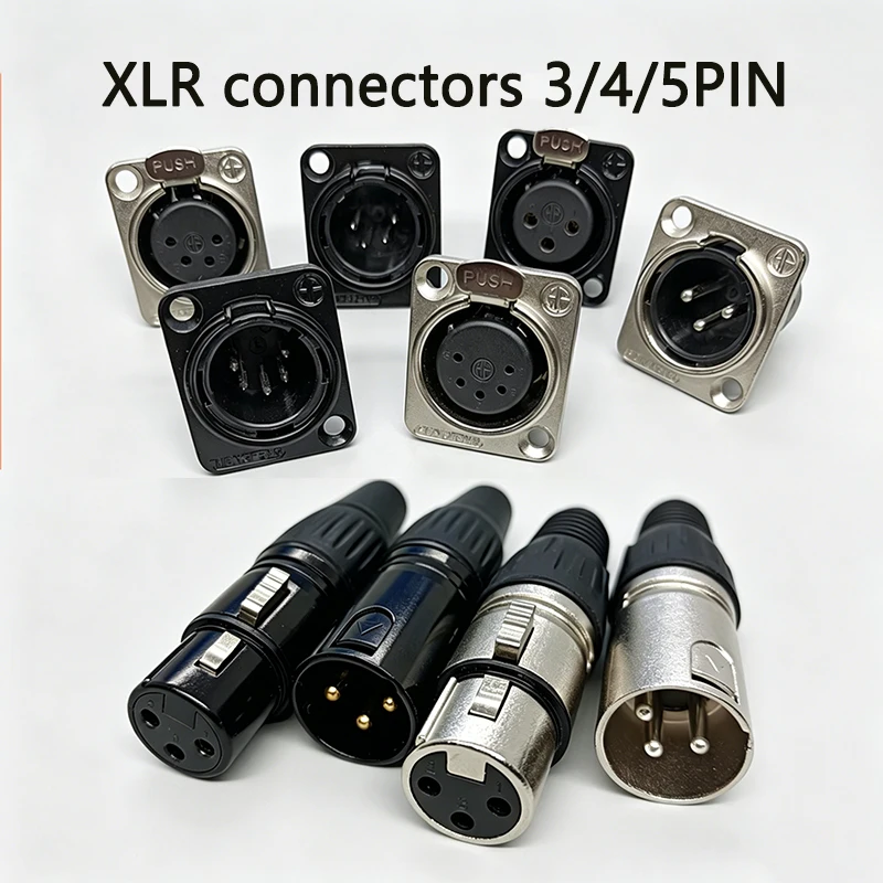 3/4/5 Pin XLR Male Female Connectors Panel Socket & Cable Plug for Audio Mic Mixer Black Silver