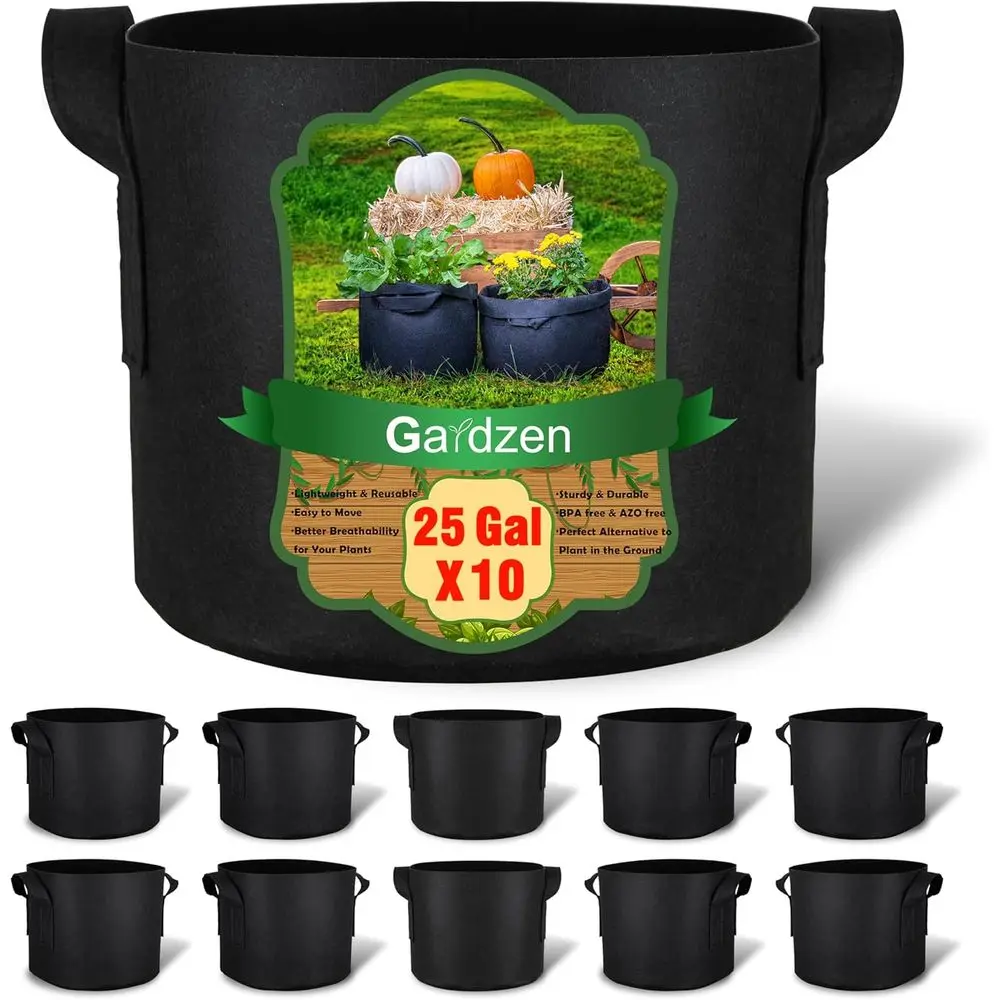 

10-Pack 25 Gallon Grow Bags, 300G Thickened Aeration Fabric Pots with Handles, Heavy Duty Cloth Pots for Plants