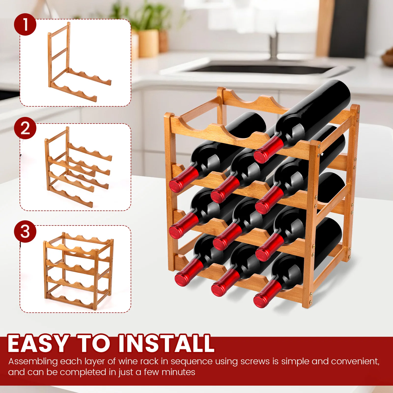 12/16 زجاجة فتحة النبيذ الرف الخشب 4 الطبقة زجاجة النبيذ تخزين الرف المدمجة مكافحة النبيذ عرض الرف لشريط المطبخ غرفة الطعام #5