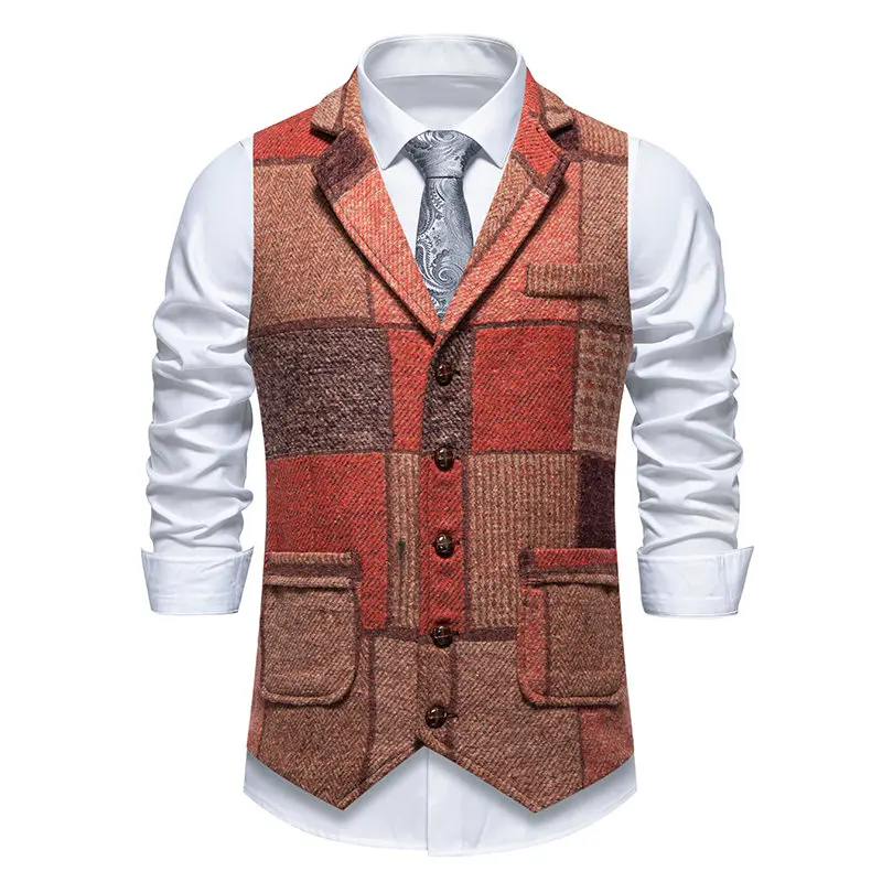 Green Men Vest Tweed Plaid Waistcoat Slim Fit Lapel Plaid Suit Vest Herringbone vintage Vest For Wedding Groomsmen vest heren