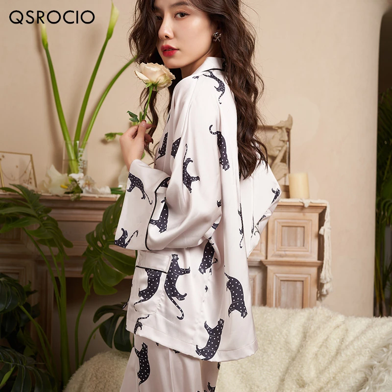 QSROCIO High Quality Women\'s Pajamas Set Luxury Leopard Print Loose Top Sleepwear Silk Like Nightwear Leisure Homewear Femme