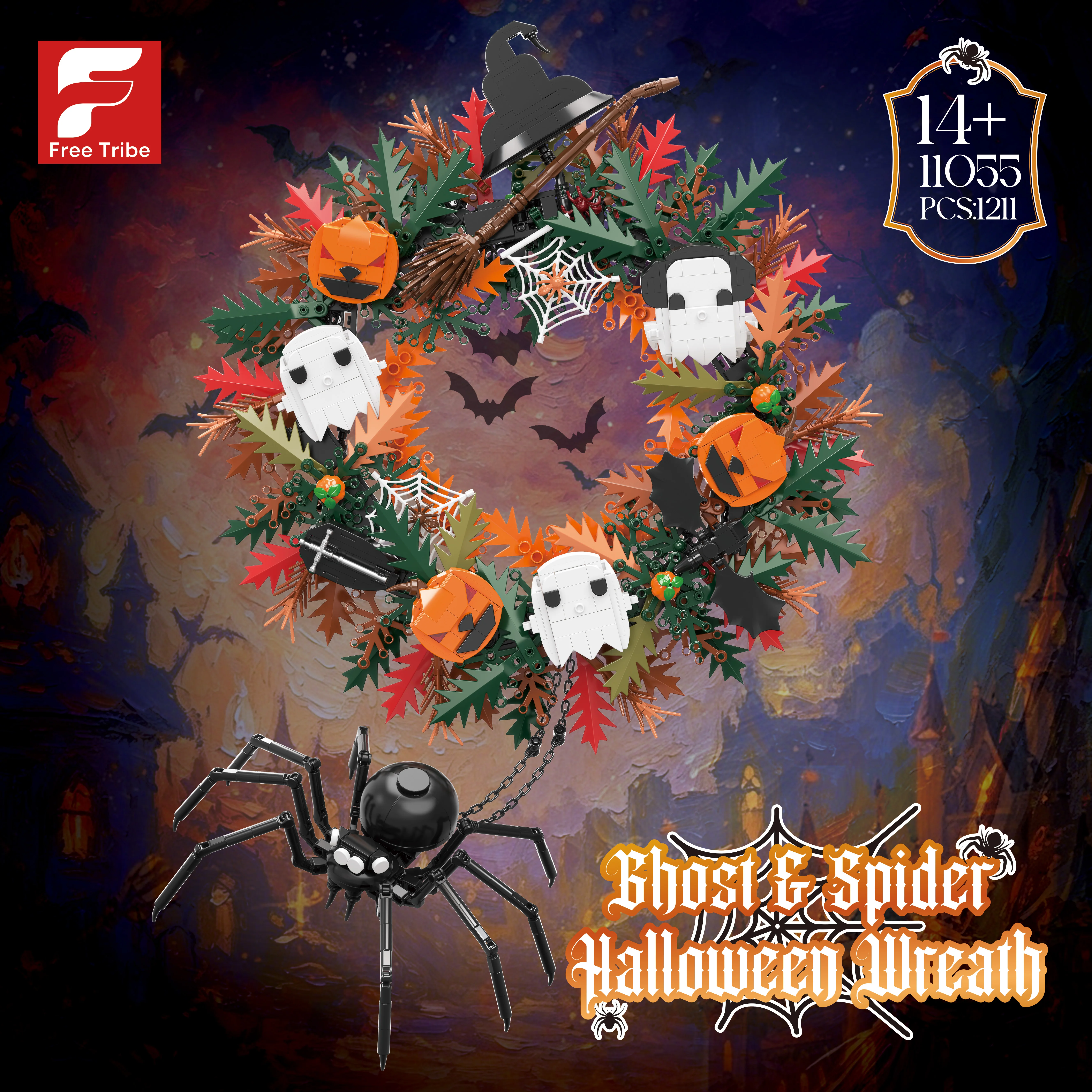 1211PCS Spider Flower Wreath Building Blocks Pumpkin Ghost Spooky Model Brick Halloween Decoration Wall Hanging Puzzle Toy Gift