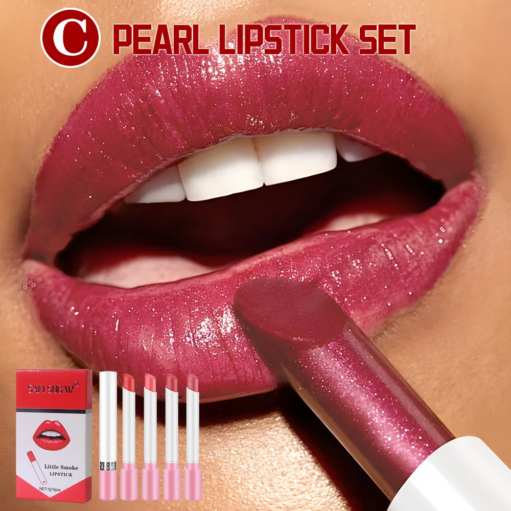 Conjunto de batom de cigarro, 4 peças, brilho pérola, longa duração, veludo fosco, altamente pigmentado, conjunto de maquiagem retrô, presente para mulheres
