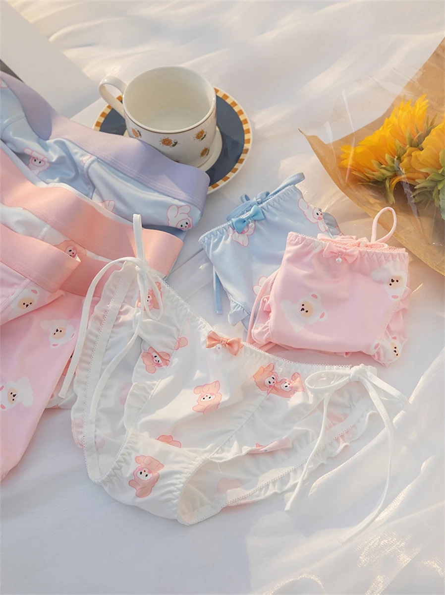 Japanese Cute Style Sweet Lolita Man Girls Lovers Briefs Boxers Kawaii Printing Rabbit Bear Bandages Lace Ruffle Panties