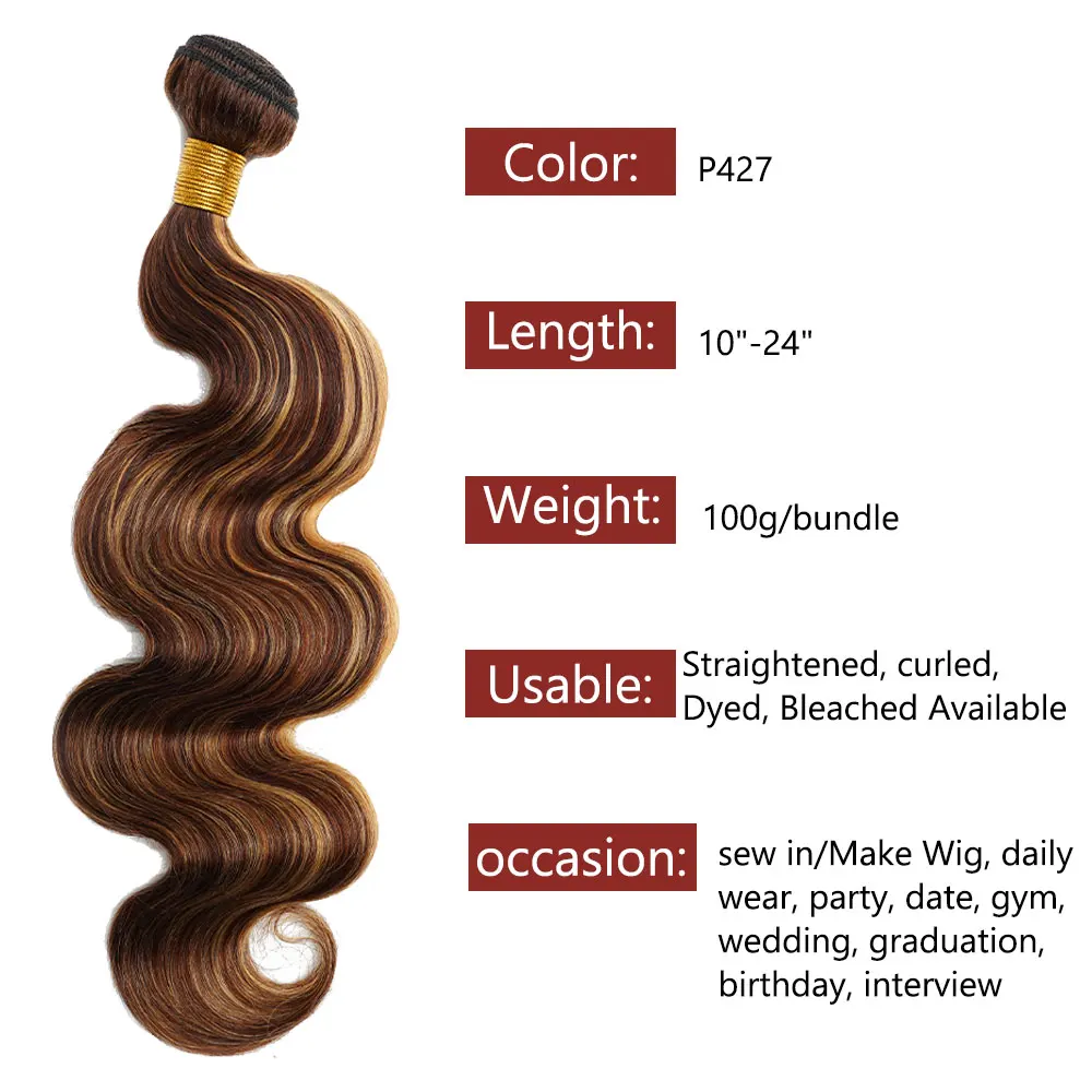 Bundles brésiliens Body Wave, Extensions de cheveux humains Remy, Tissage de cheveux humains, 24 po, 1, 3, 4 Full & Optics, P427 Document