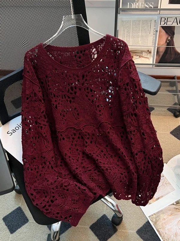 

Faionable Wine Red Hollow out Knitted Cover up Top Women's plus Size Loose Casual Sle Spring 2026 Ensemble