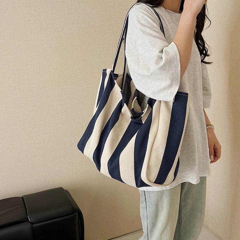 Sommerliche gestreifte Canvas-Tragetasche für Damen, lässig, große Kapazität, einfache Umhängetaschen, Einkaufshandtasche, tägliche Tragetasche – Detail 6