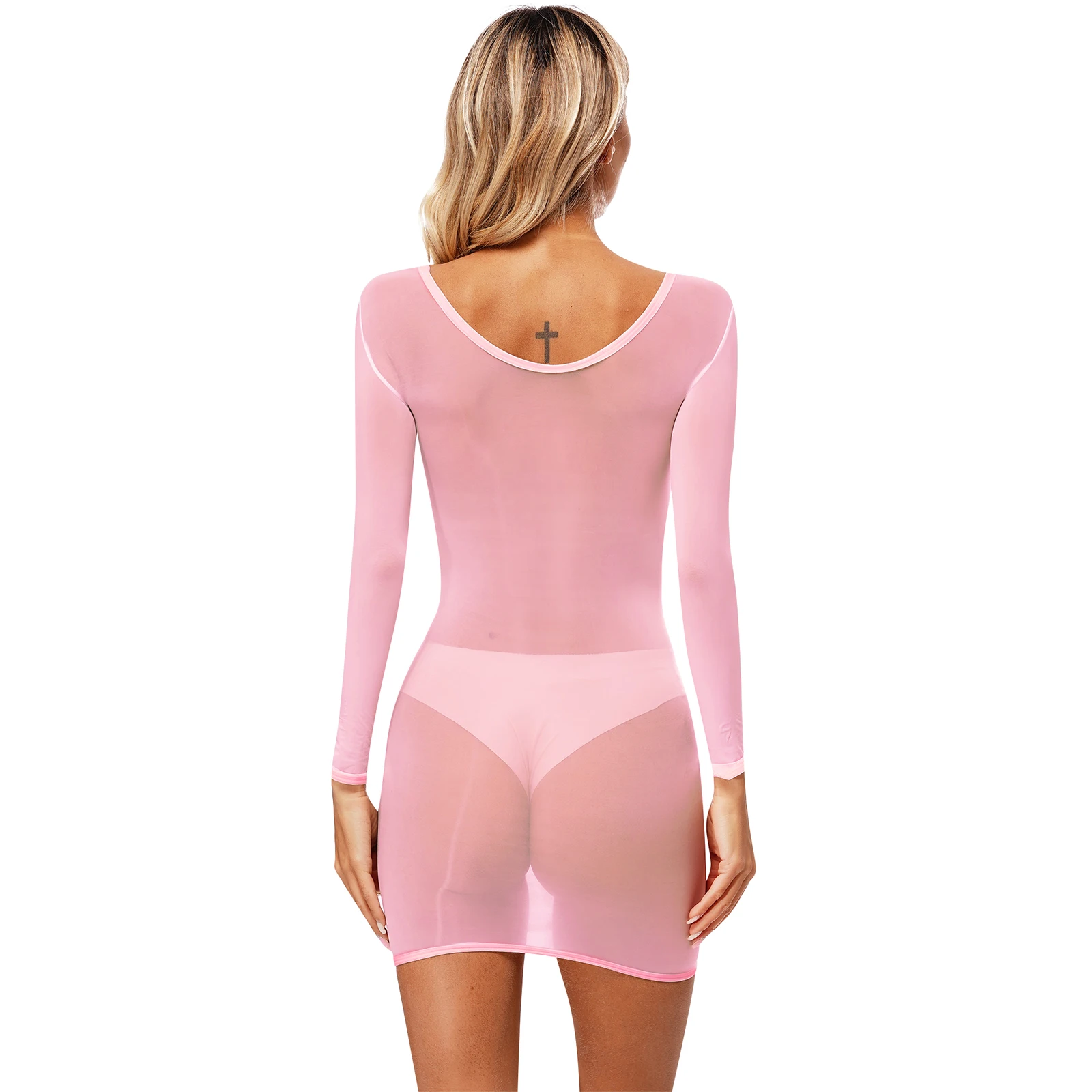 Womens Exotic Dress Glossy 8D Lingerie Nightwear Long Sleeve See Through Sleep Pencil Dress Stretchy Bodycon Swimsuit Cover Up