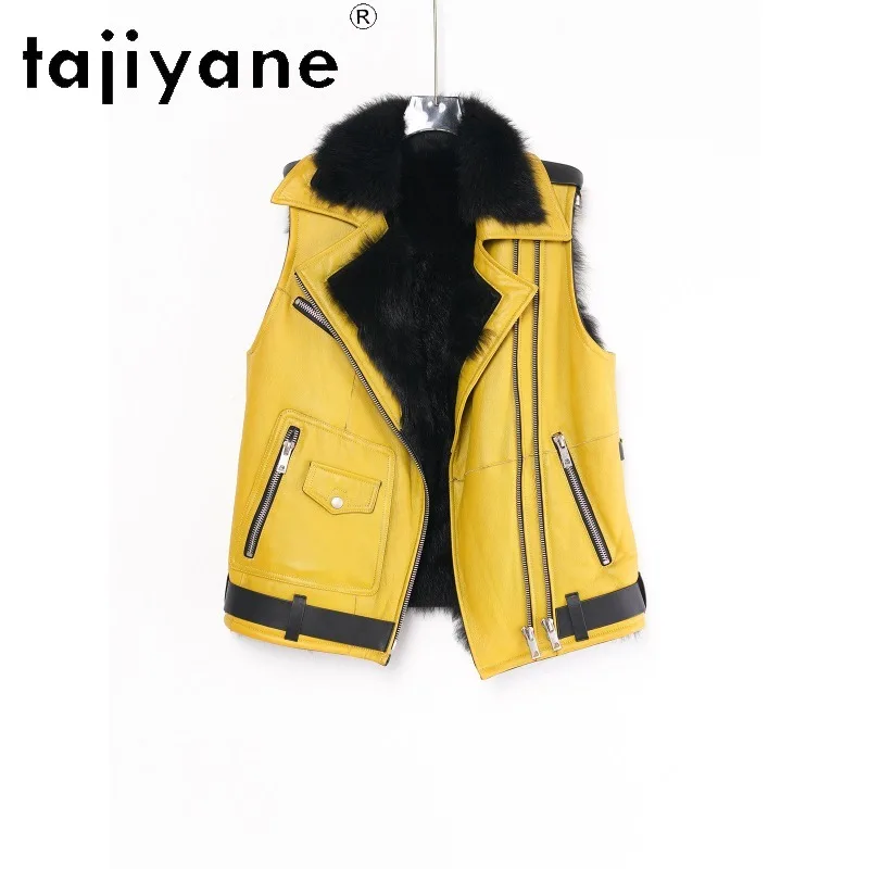 TAJIYANE Tuscan Sheep Shearling Coat Woman Vest Biker Crop Fur Jacket Sleeveless Women's Leather Fur Coats Chic Vestes Femmes