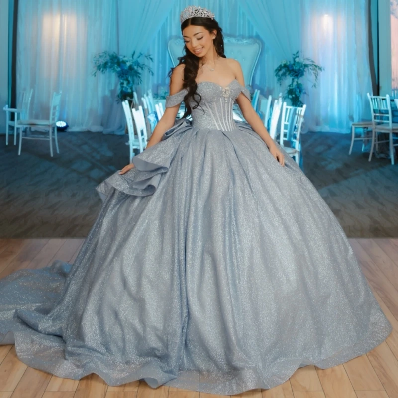 

Silvery Shiny Quinceanera Dresses Off The Shoulder Beading Crystal Tull Corset Party Birthday Sweet 16 Dress Vestidos 15 De Anos