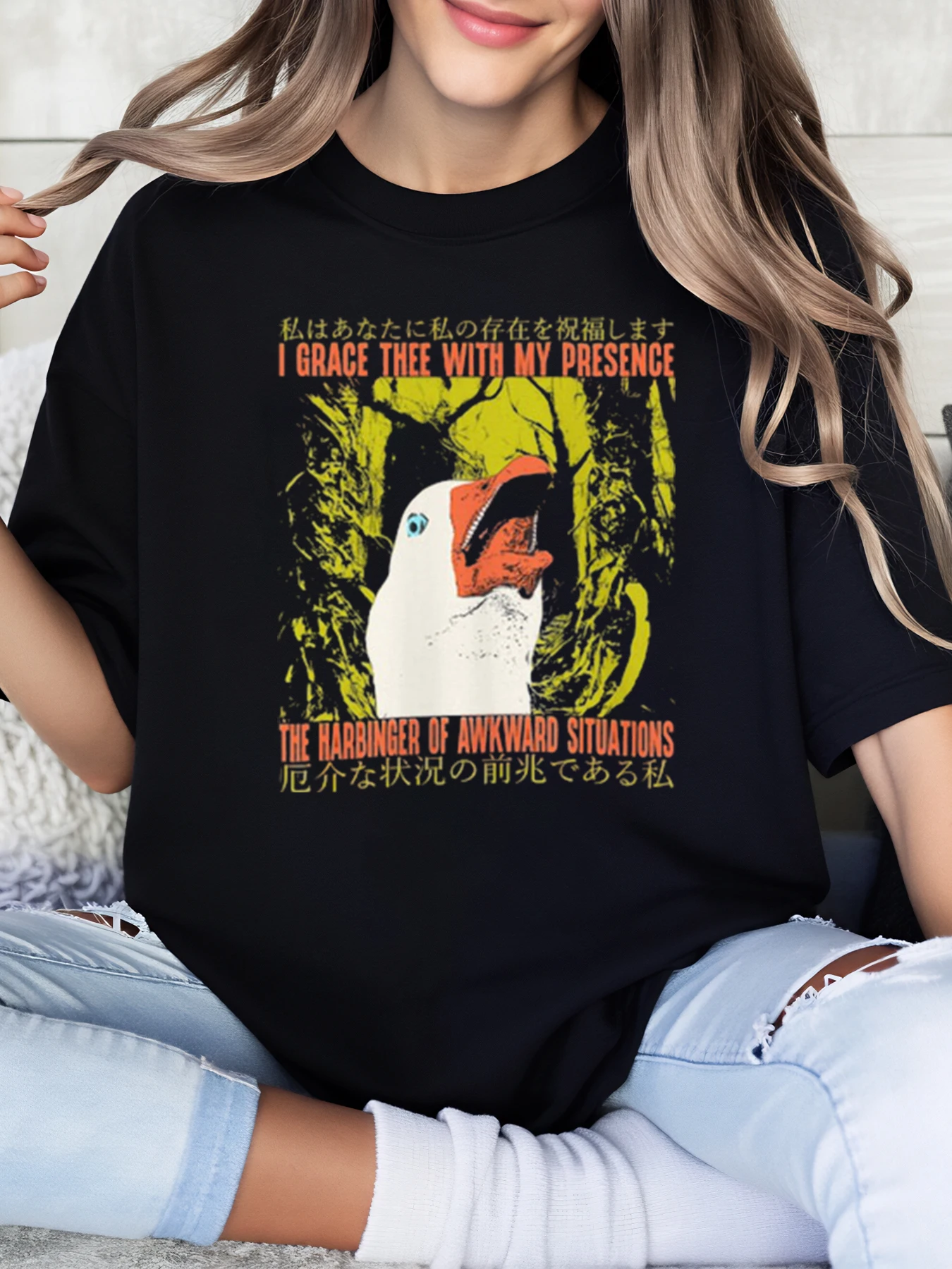 

Duck with Text and Japanese Characters Halloween T-Shirt Women Casual Wear Party Outfit Black Plus-Size