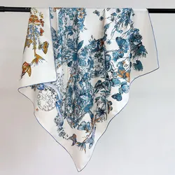 Thicken 100% Natural Silk Scarf Neckerchief Double Sided Printing Womens Square Silk Shawl Cape 88x88cm