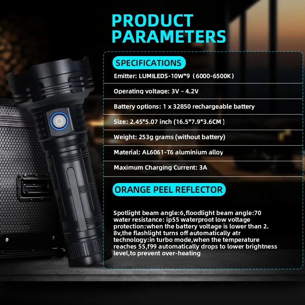 Potente linterna LED, linterna de aluminio de 100 lúmenes, carga tipo C, modo estroboscópico SOS, luz portátil de mano, rescate de búsqueda para caminar