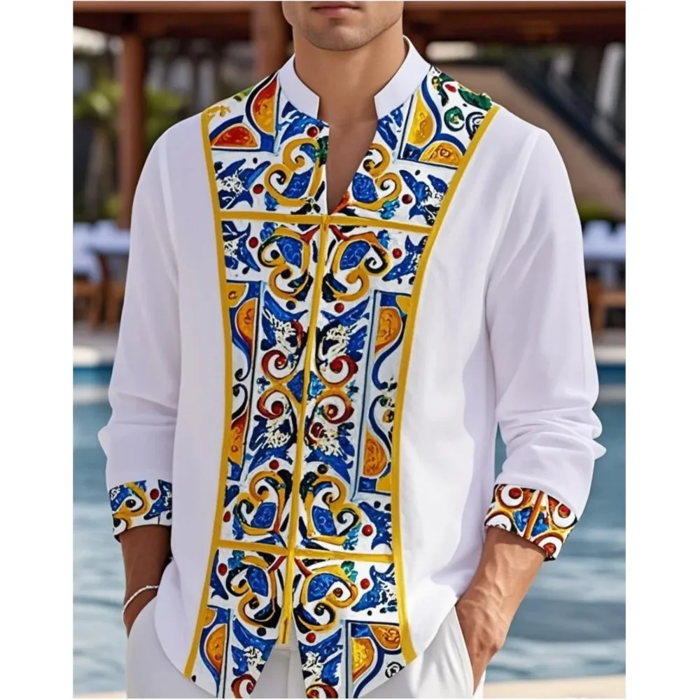 

New Comfortable Men's Spring And Autumn Retro Fun Floral Pattern Print Shirts Fashionable Casual Street Party Long Sleeve Shirt