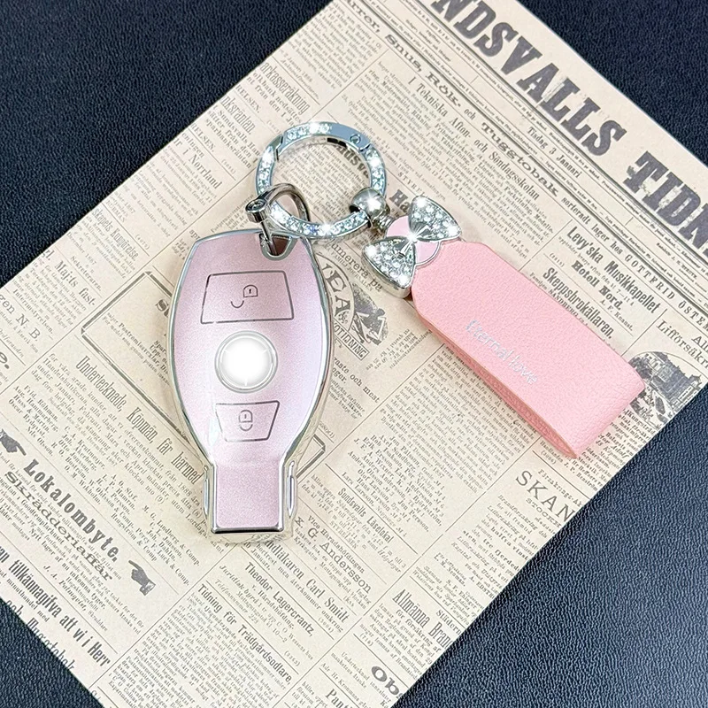 Premium Quicksand Pink Car Key Case Cover for Mercedes-Benz New C-Class C260L / C200L, Protective Shell