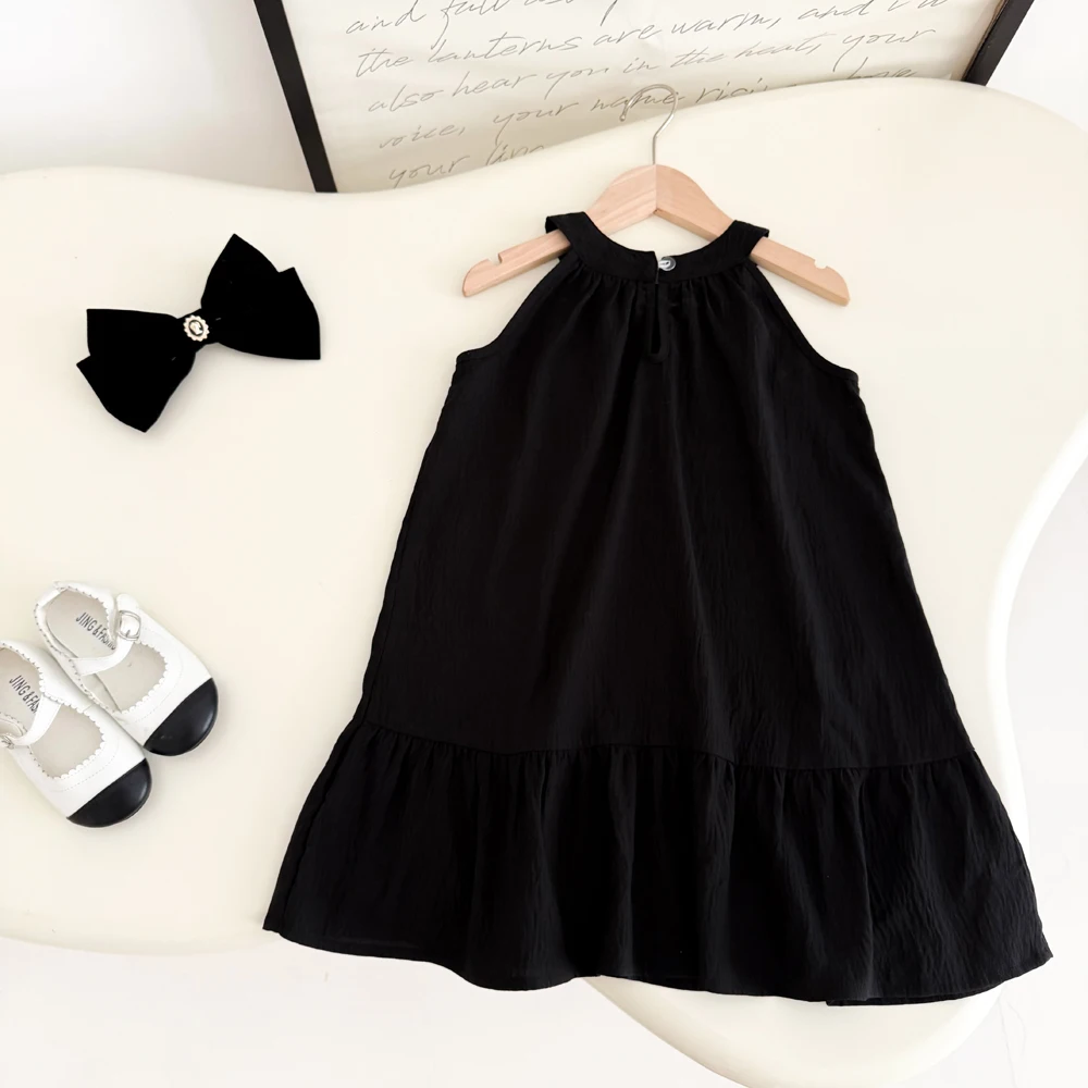 สาวฤดูร้อนชุดรอบคอสีชมพูโบว์แขนกุดแฟชั่นชุดเจ้าหญิงสีทึบชุดลําลองสําหรับสาวสําหรับ 3-7Y