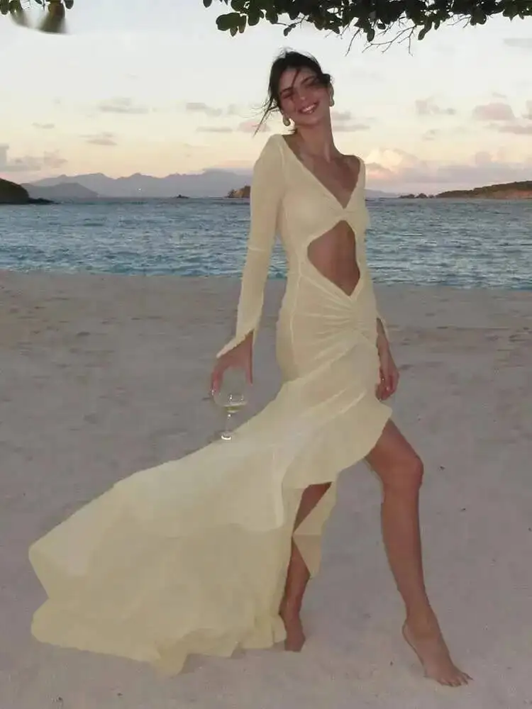 Mesh Concise Kleid Frauen Klassische Urlaub Stil Langarm Cut Out Raffen Asymmetrische Robe Weibliche Elegante Kleidung