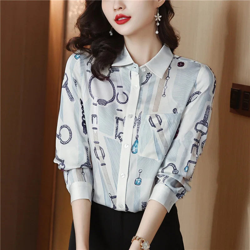 Women Clothing Chic Printed Loose Elegant Shirt Office Lady Fashion Casual Simple Pocket Mulberry Silk Blouse Spring Button Tops