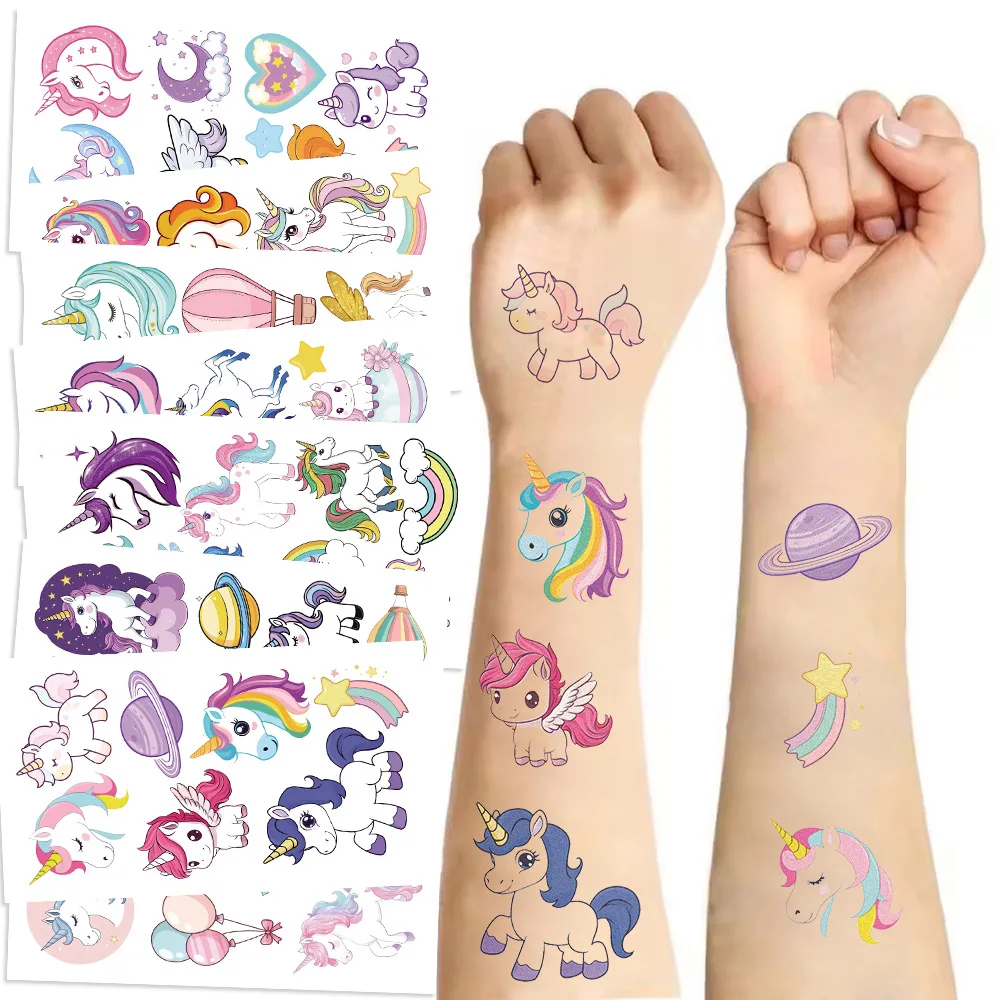 Mainan stiker tato menyala dalam gelap, stiker mainan anak, stiker hadiah pesta lucu Unicorn, dekorasi grafiti hewan tahan air 10 lembar