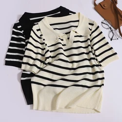 Women Preppy Style Contrast Color Stripe Short Sleeve T-shirt Polo Collar Casual Thin Top Summer Elastic Slim Knit Pullover Tees