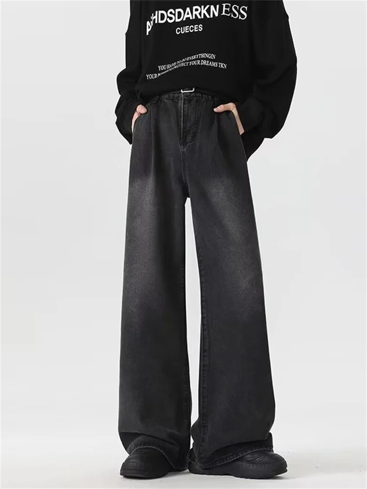 

Washed Black American High Street Jeans Men Loose Straight Leg Micro Flared Wide Leg Long Trousers Casual Fashionable