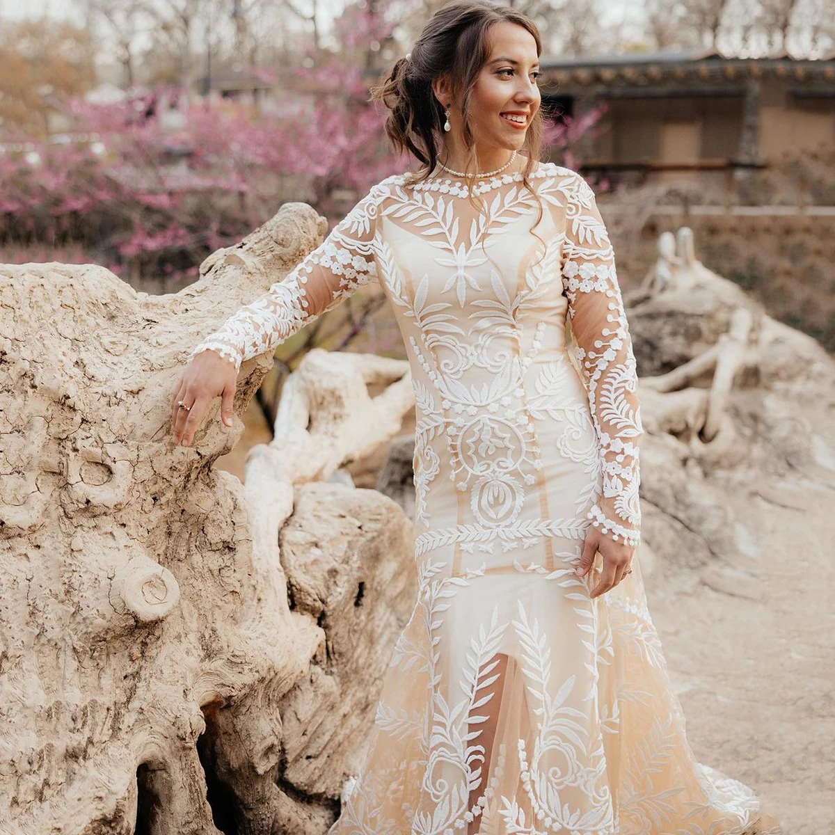 Jardim rendas mangas compridas vestido de casamento sobrepeso boho tan duas peças personalizado sereia rústico aberto volta v pescoço vestidos de noiva