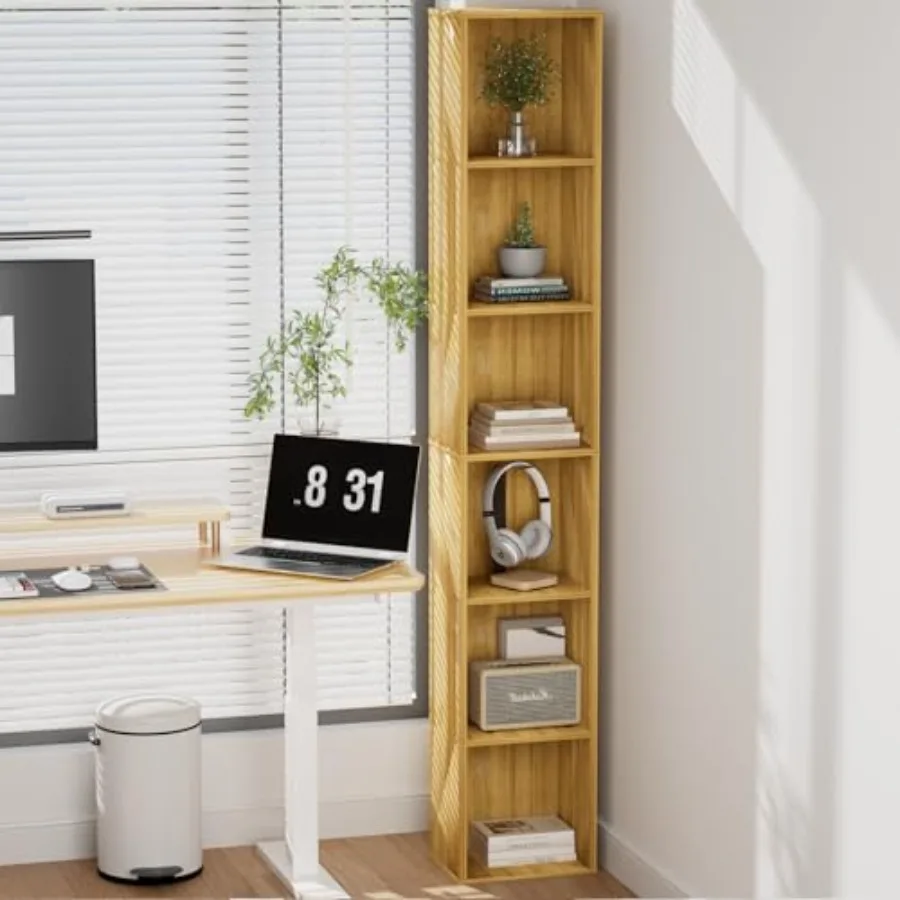 

Tall Narrow Bookshelf 6-Tier Bookcase70.5" Skinny Thin Corner Shelf Slim Storage Cabinet Wood DVD CD Media Cube Organizer Tower