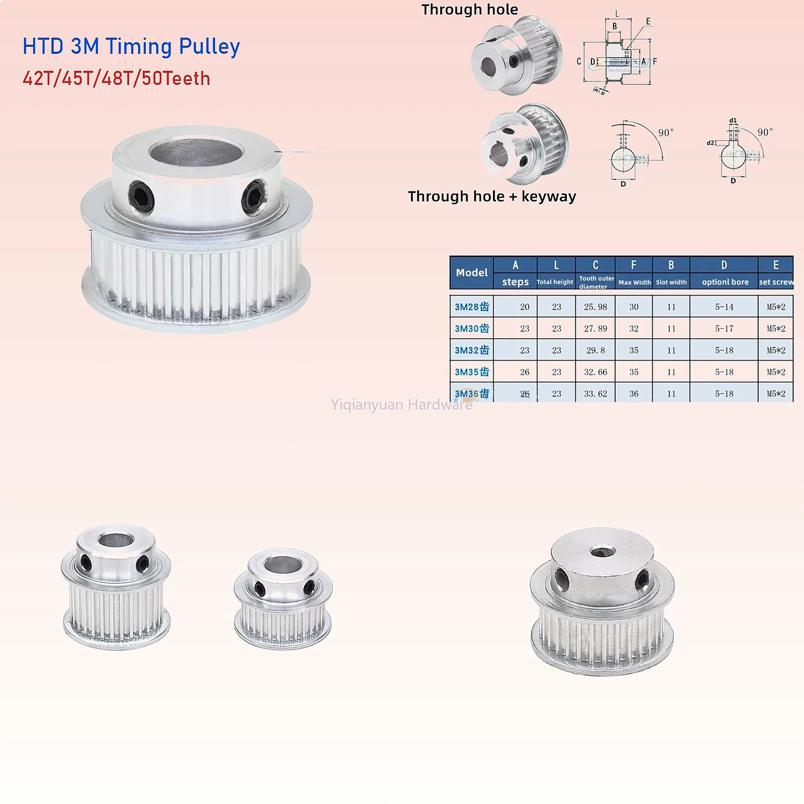 

Yiqianyuan 1pcs HTD 3M Timing Pulley 42T/45T/48T/50 Teeth BF Type Bore 5mm-25mm Synchronous Wheel